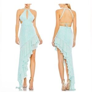 Mac Duggal NWT Blue Sequined Halter Ruffle Asymmetrical Dress Style #A11274